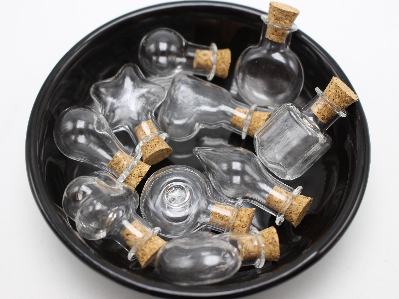 10 Assorted Mini Empty Glass Bottle Vials Cork Charm Pendants Wish Bottles