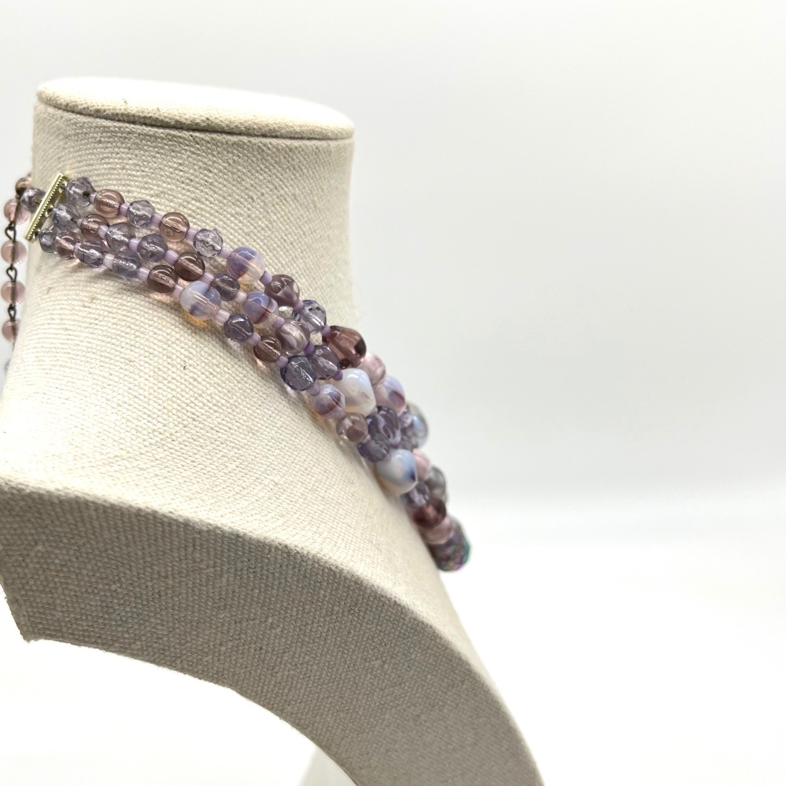 Vintage Germany Purple Iridescent Art Glass Triple Strand Beaded Necklace 16in