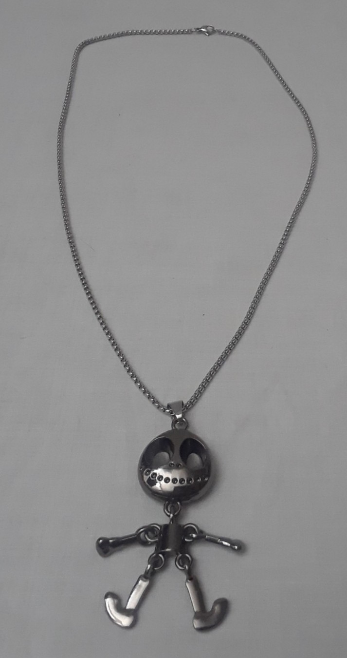 Moveable Arms Legs Body Skeleton Big Head Silver Tone Pendant Necklace 24″