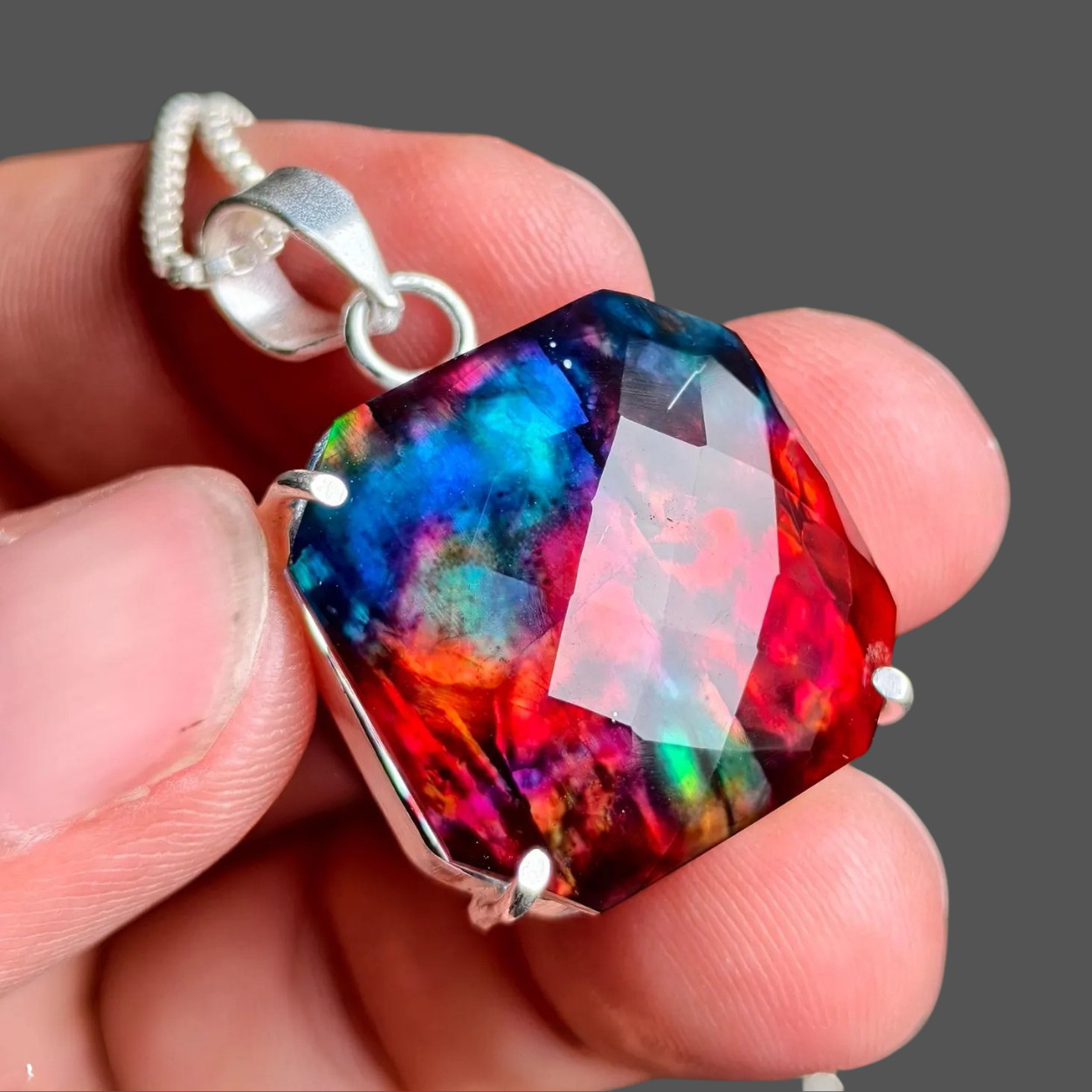 46Ct Multi Fire Ammolite Cushion Cut German Silver Pendant Necklace Gift Jewelry
