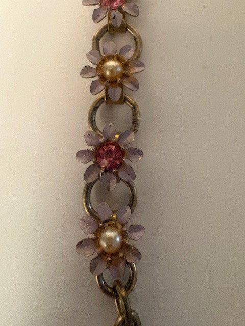 Gold Colored Flower Necklace with Pink & White Stones Vintage Jewelry