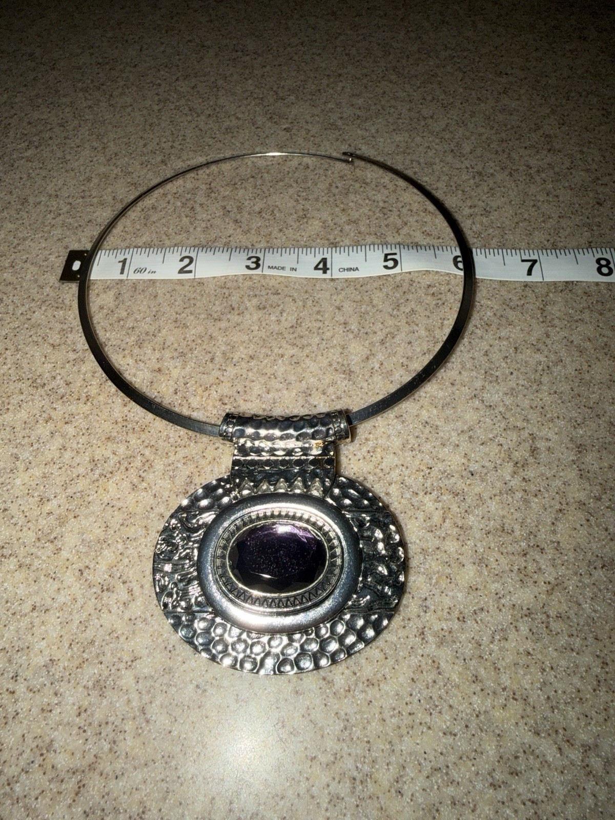 Silver Tone Adjustable Wire Choker Necklace Oval Purple Pendant Bezel Hook