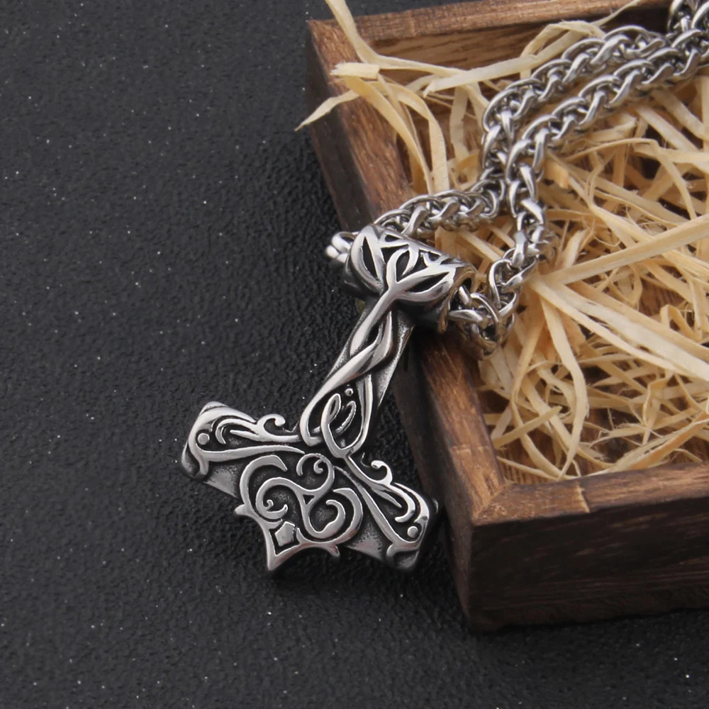 Viking Thor’s Hammer Mjolnir Necklace Norse Celtic Knot Stainless Steel Pendant