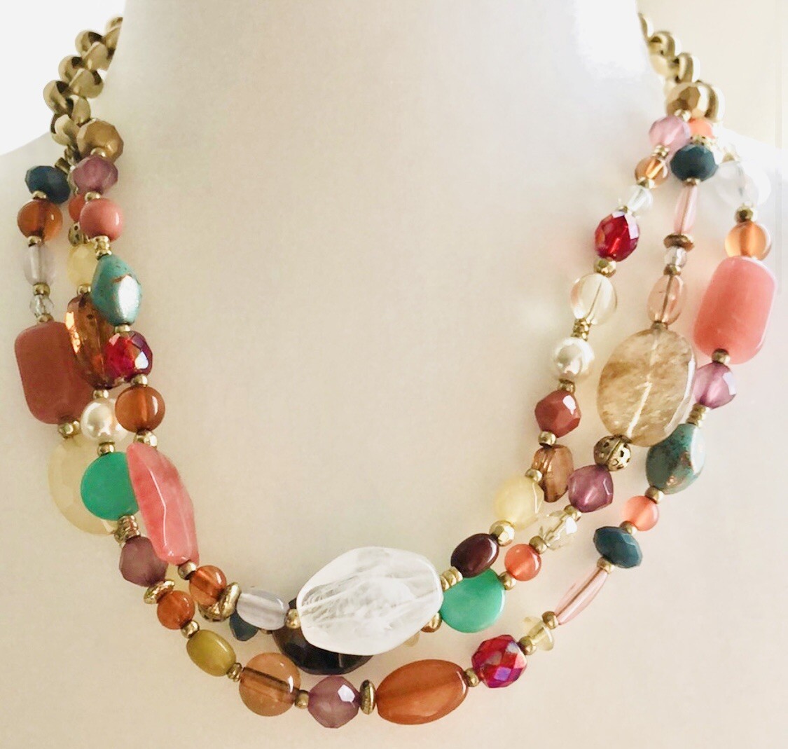 Lia Sophia Mandalay Bay River Shell, Quartz, Tiger’s Eye Triple Strand Necklace