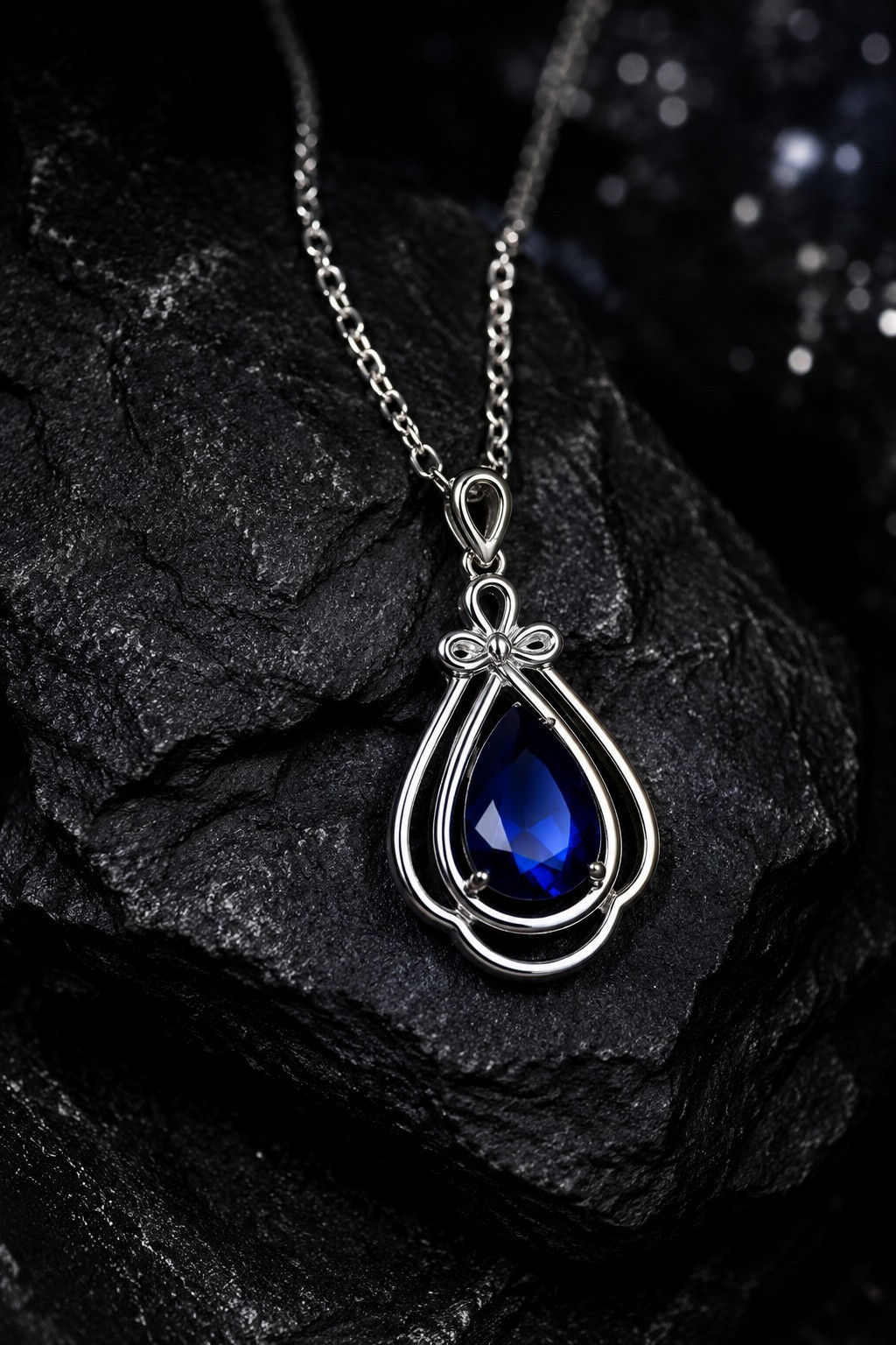 Silver Tone Blue Teardrop Pendant Necklace 18″ Chain Elegant Fashion Jewelry