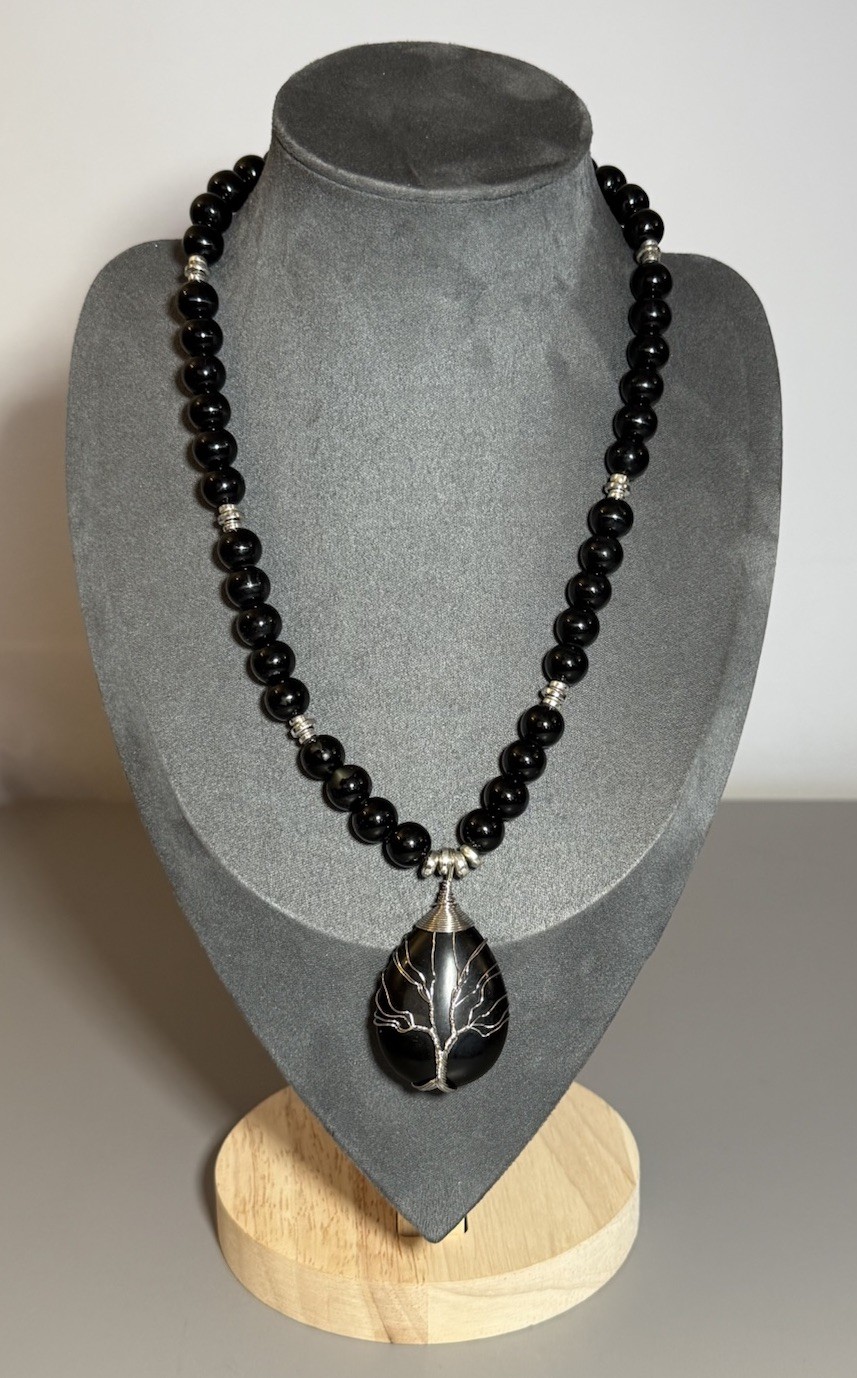Statement Necklace Obsidian Beads & Silver Tone Wire Wrapped Obsidian Pendant