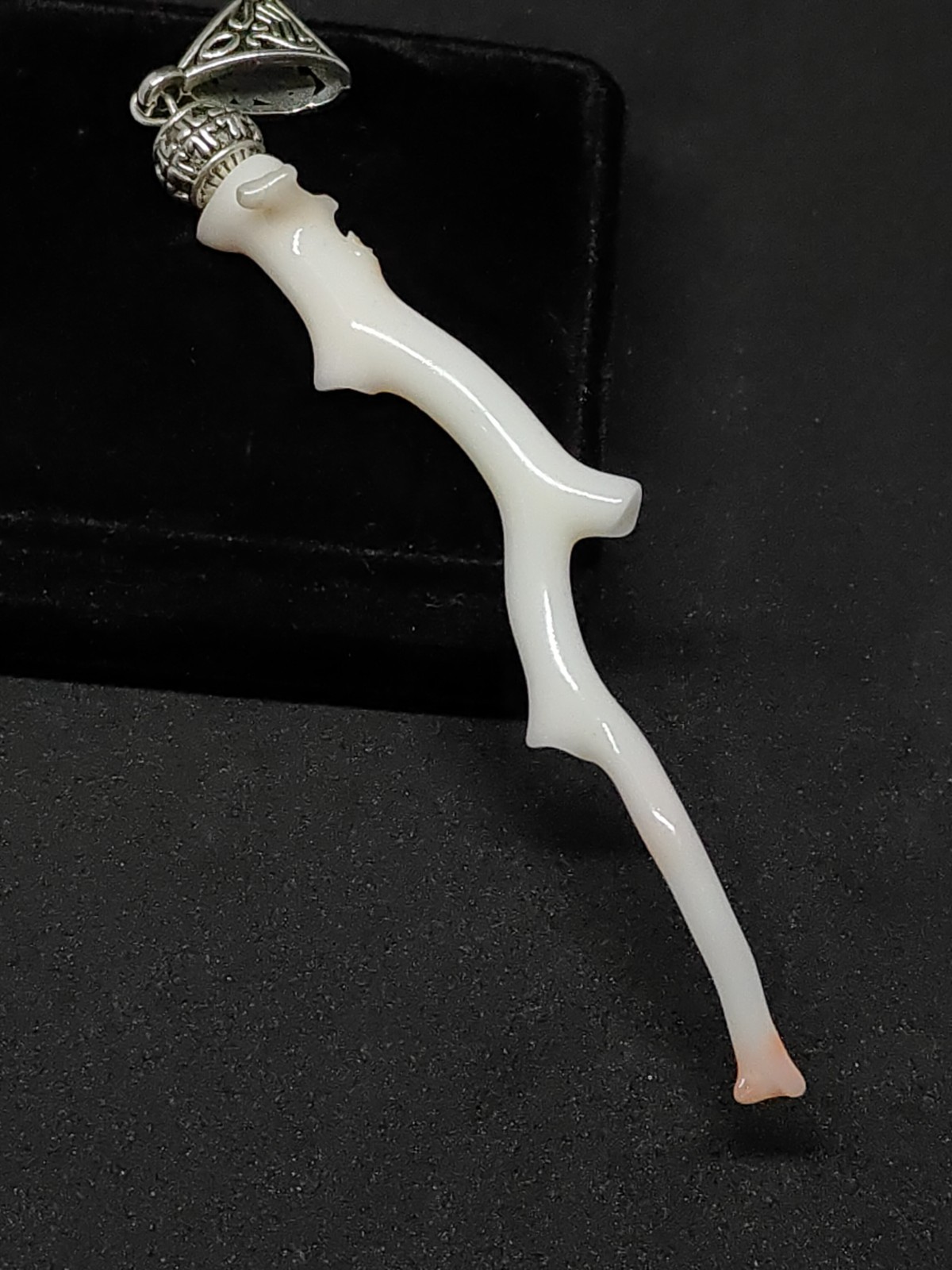 Large White Pink Stick Coral Branch Pendant: Silver Brass & Natural Branch