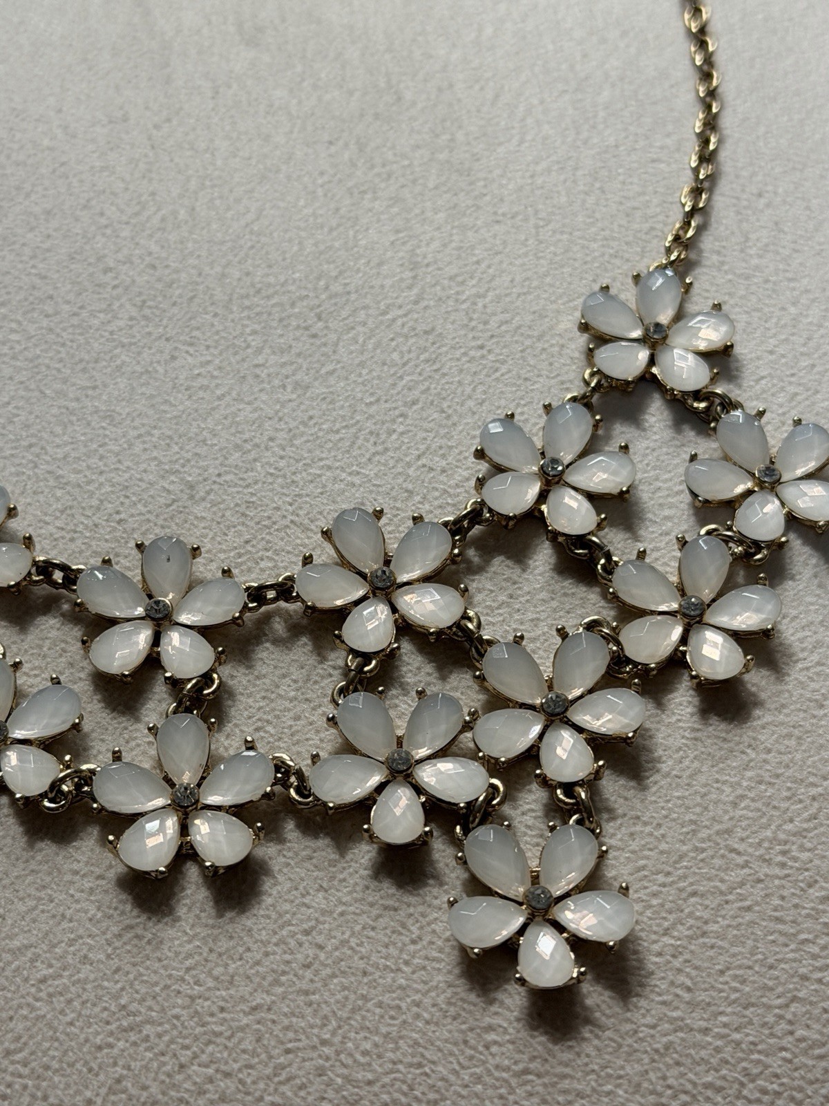 Gold Tone White Flower Cluster Statement Bib Necklace Cable Chain Adjustable