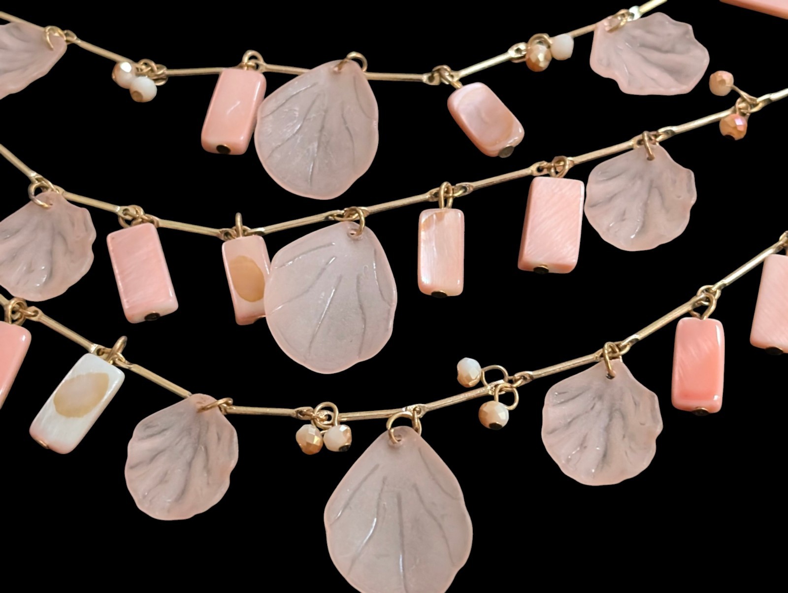 Multi Strand Pink Petal Shell Cascade Necklace Gold Tone Layered Waterfall Bib