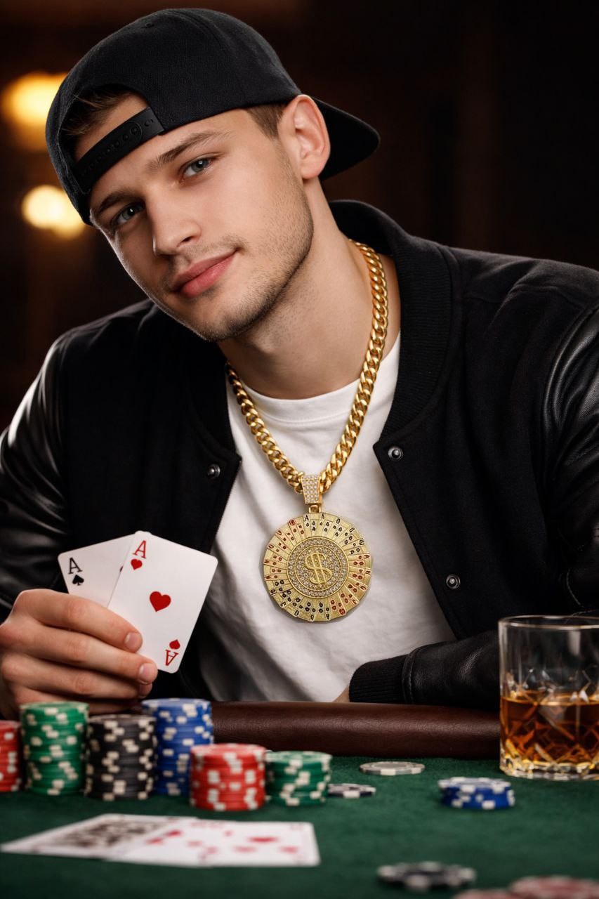 Gold Roulette Spinning Center /Casino Poker Cards Pendant Necklace Cuban Chain