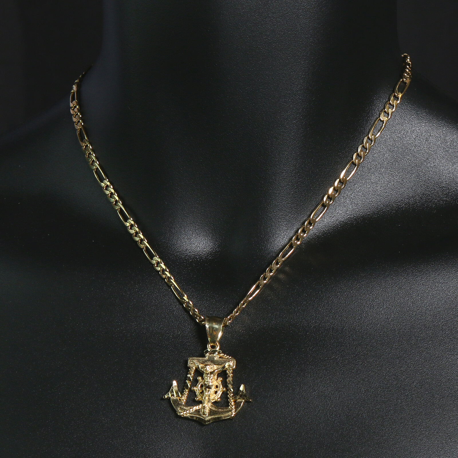 Jesus Anchor 14k Gold Plated Brass Pendant 5mm 24″ Figaro Necklace Choker Chain