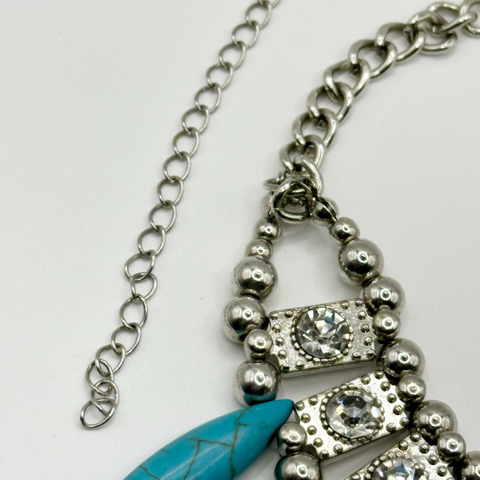 Faux Turquoise Rhinestone Statement Necklace Silver Tone Boho Ethnic 17-21”