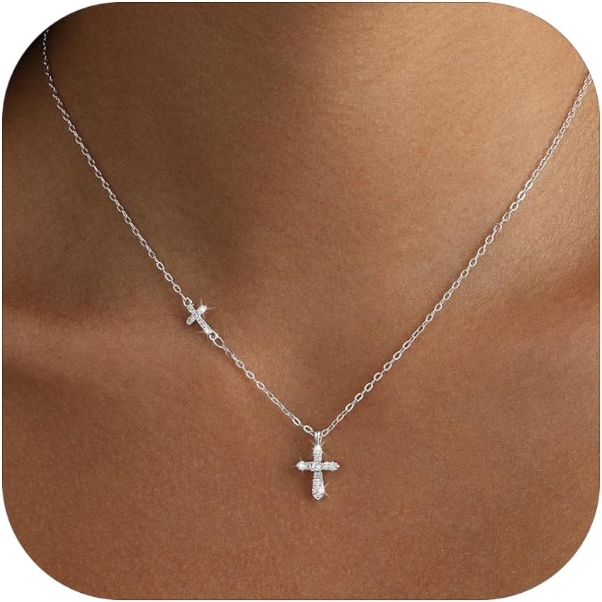 Cross Necklace for Women Dainty Silver Plated Sideways Cross Necklace Non Tarnis