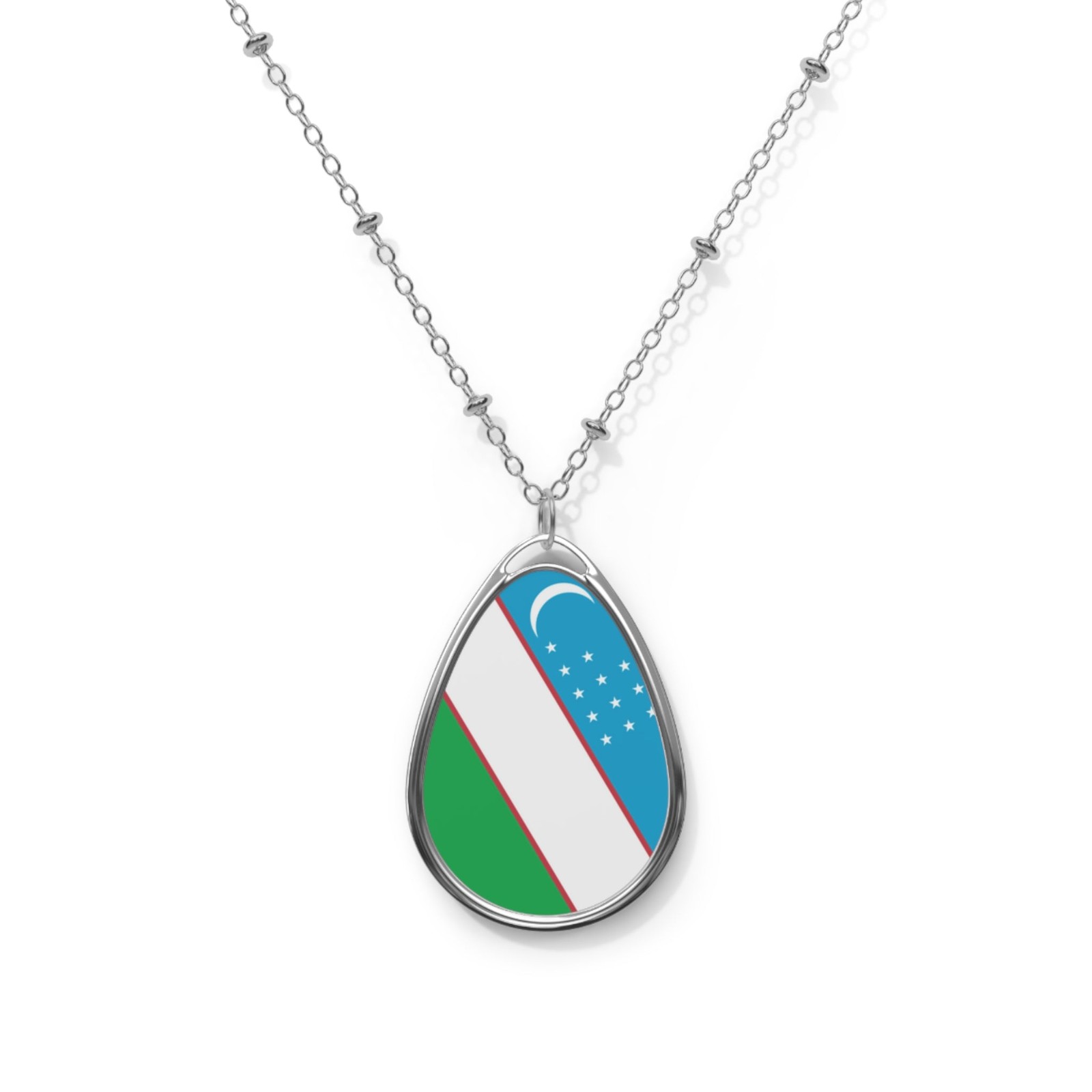 Uzbekistan Flag Oval Necklace – Zinc Alloy Pendant – One Size / Silver