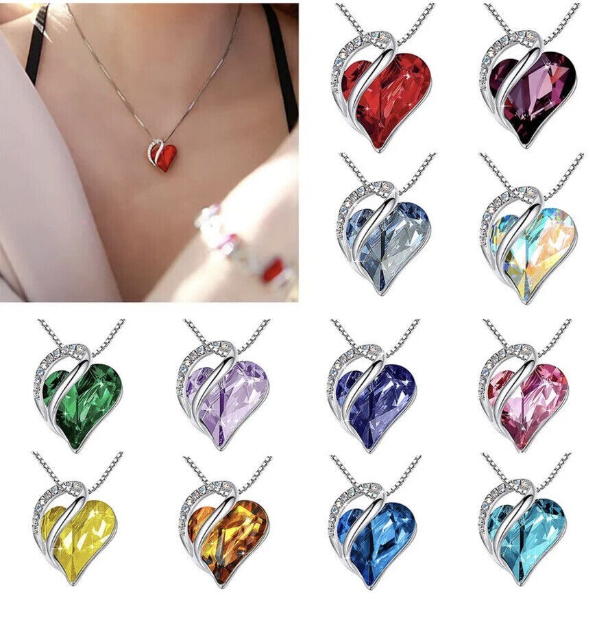 Birthstone Crystal Heart Shape Pendants Stainless Steel Necklace Women Girls