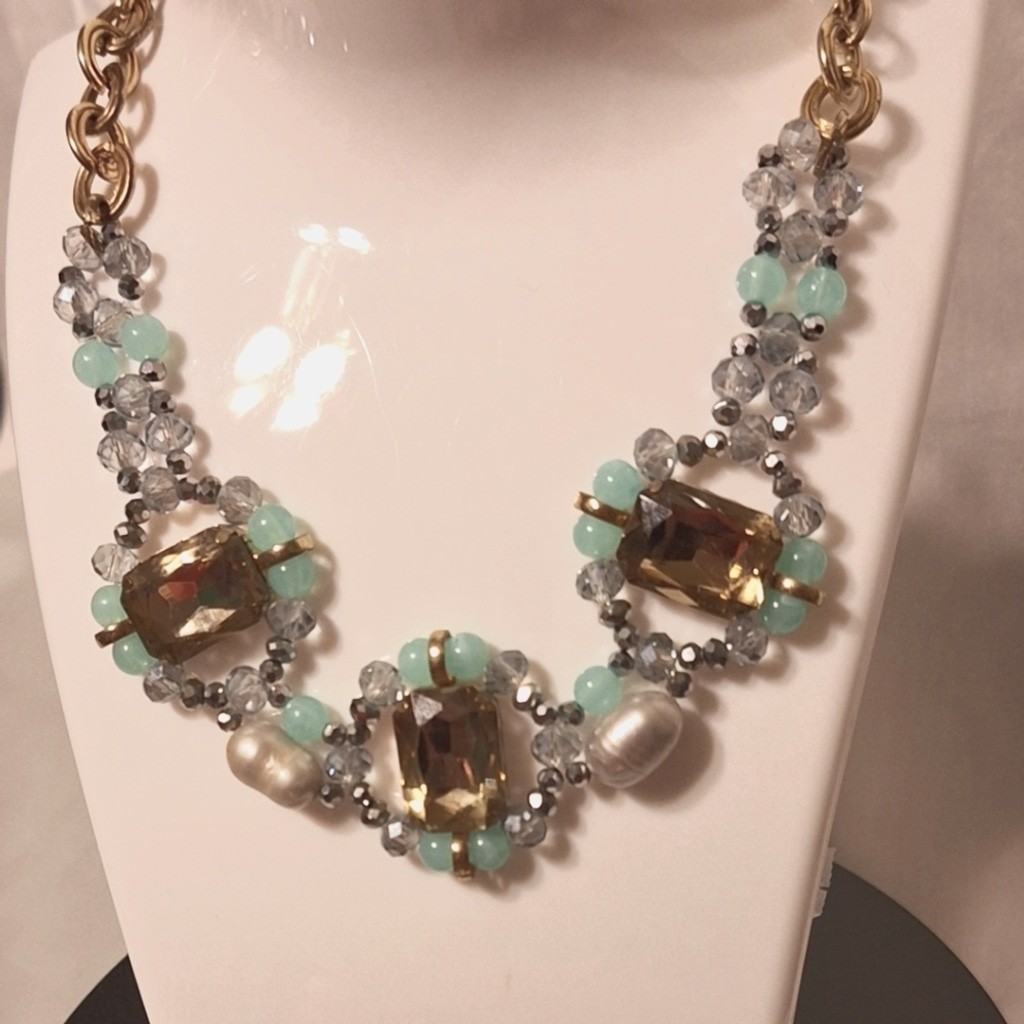 Statement necklace Genuine pearls, natural Jade and rhinestones 18″ + ext