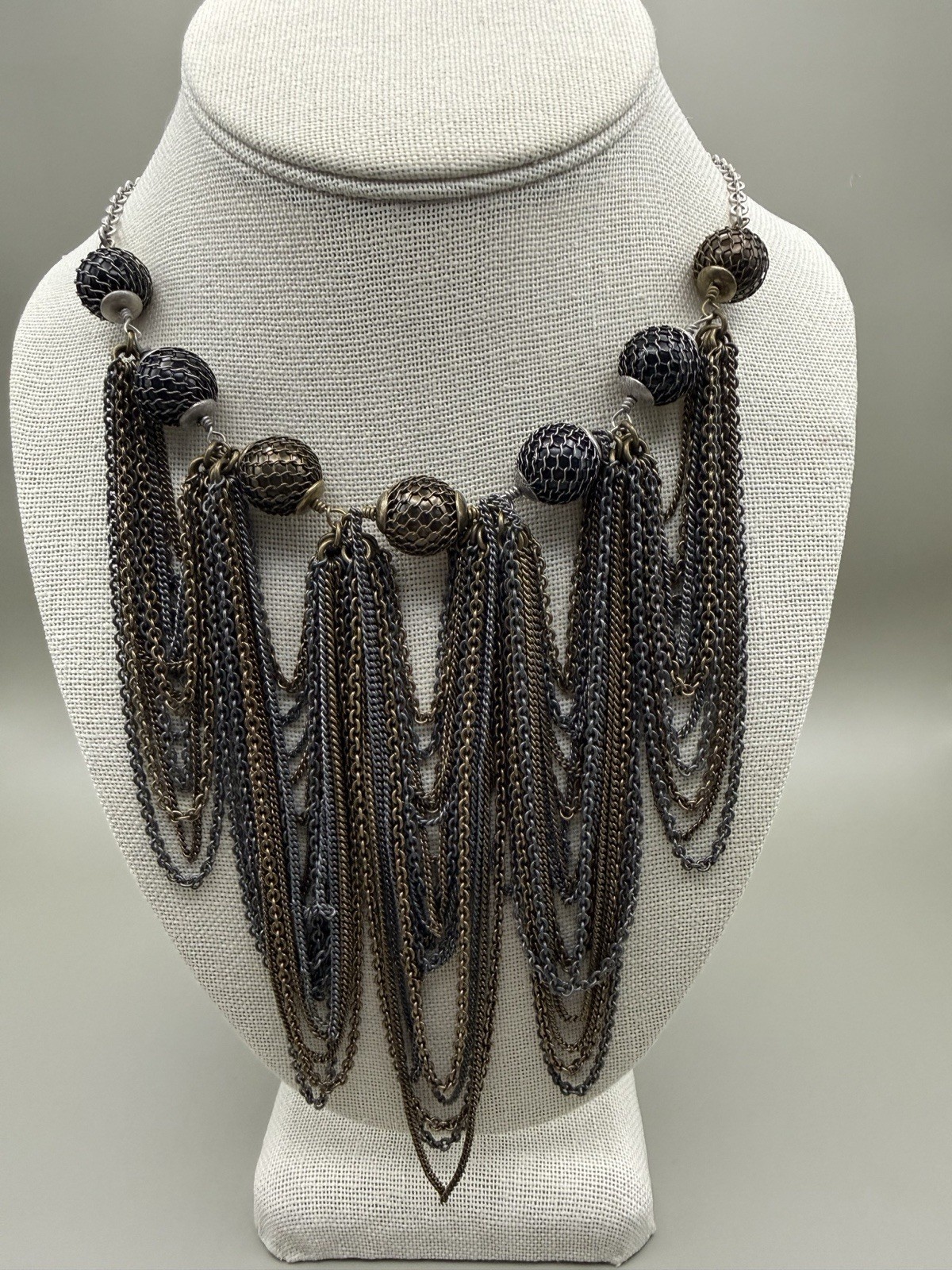 Madewell 1937 Bib Necklace Multi Chain Mixed Metal Mesh 24″ Industrial Boho Punk