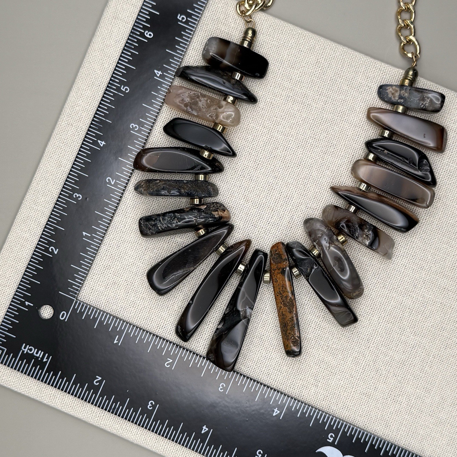 Stone Slice Collar Statement Bib Necklace Brown Black Grey 22″ Artisanal Earthy