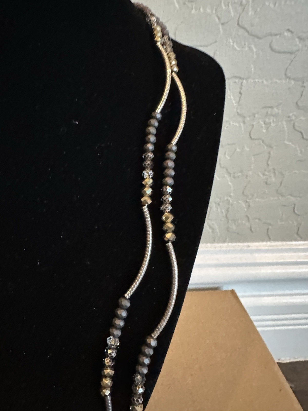 Silver Tone Layered Multi-Strand Snake Chain Necklace w/ Gray Beads
