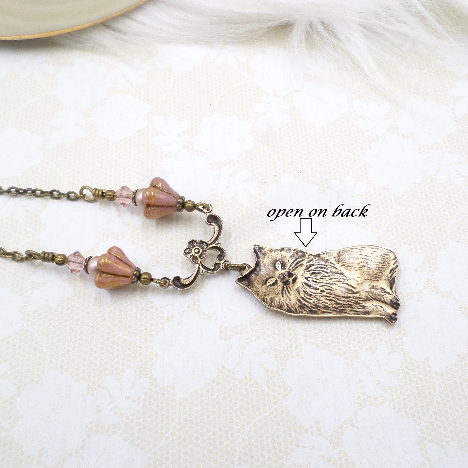 Vintage Style Cat Necklace with Pink Czech Glass Flowers, Antique Brass Handmade