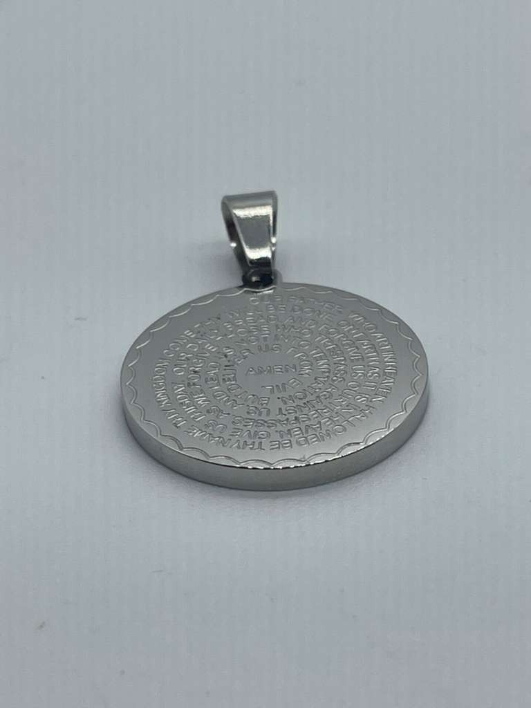 Silver Stainless Steel Our Father Prayer Engraved Medallion Pendant Necklace