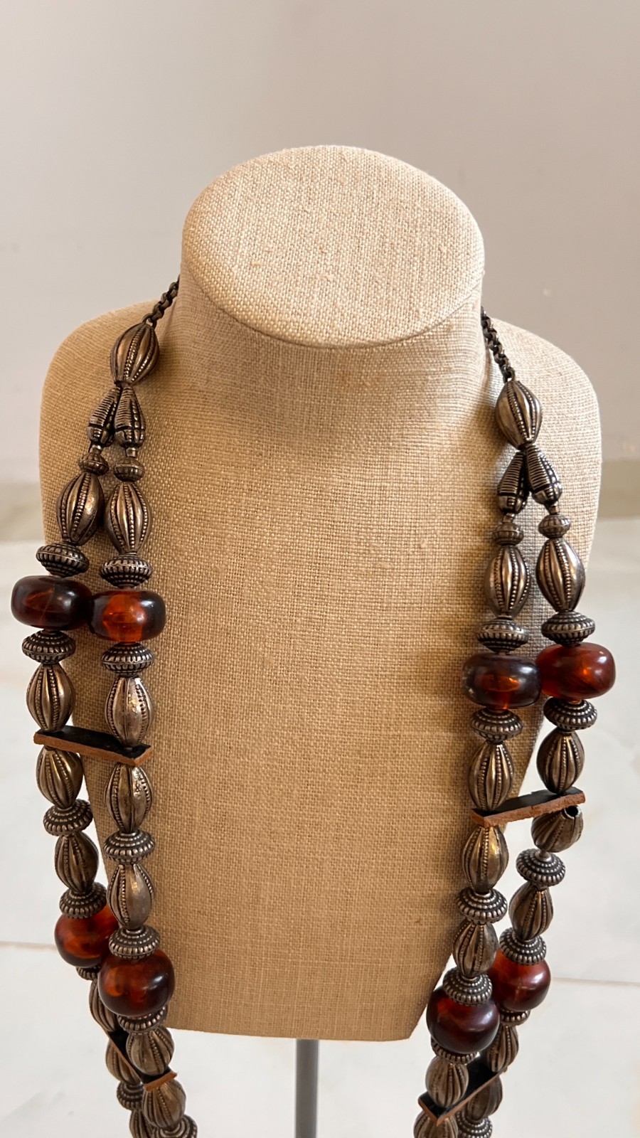 long statement double strands vintage silver necklace with amber and leather