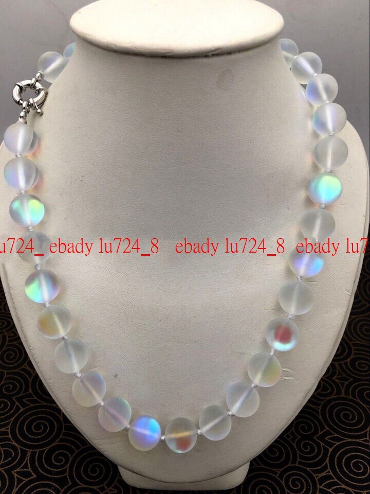 6-12mm White Gleamy Rainbow Moonstone Round Gems Beads Necklace 16-36”