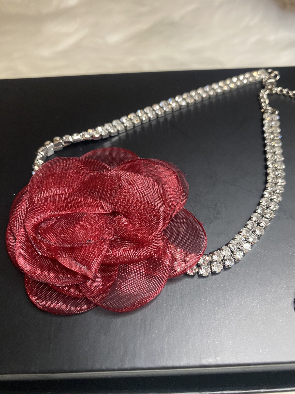 Red Camellia Flower Rhinestone Choker Necklace Bling Chain Women Jewelry New