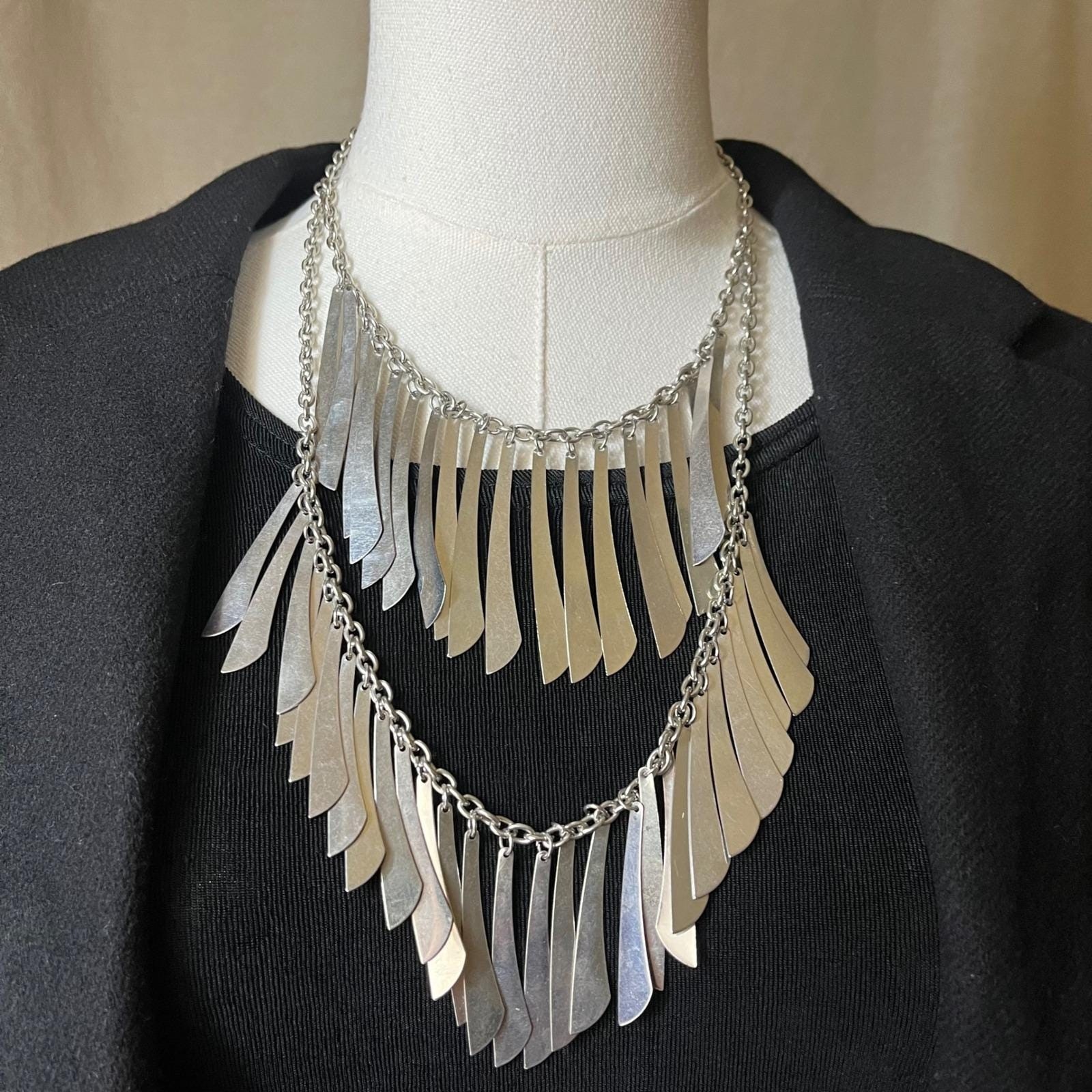 Layered Fringe Statement Necklace Silver Tone Cascade Bib Adjustable 18-21.5″