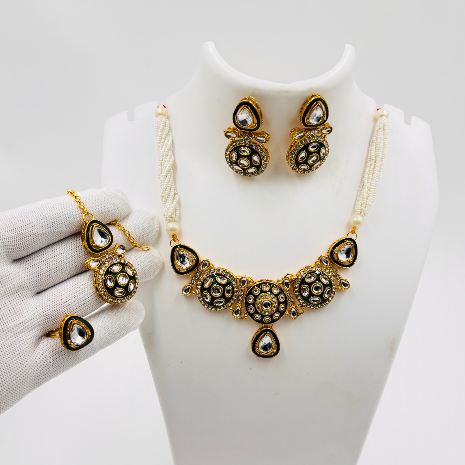 Gold Plated Pearl Kundan Necklace Set with Earrings Indian Bridal Jewelry