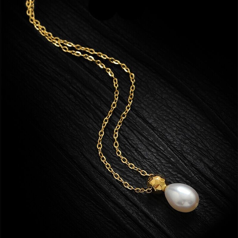Woman 14K Gold Plated Beaded Ball Oval Pearl Charm Necklace Chain