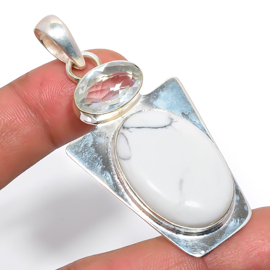 American Howlite & White Topaz 925 Sterling Silver Pendant 2.44″ T78