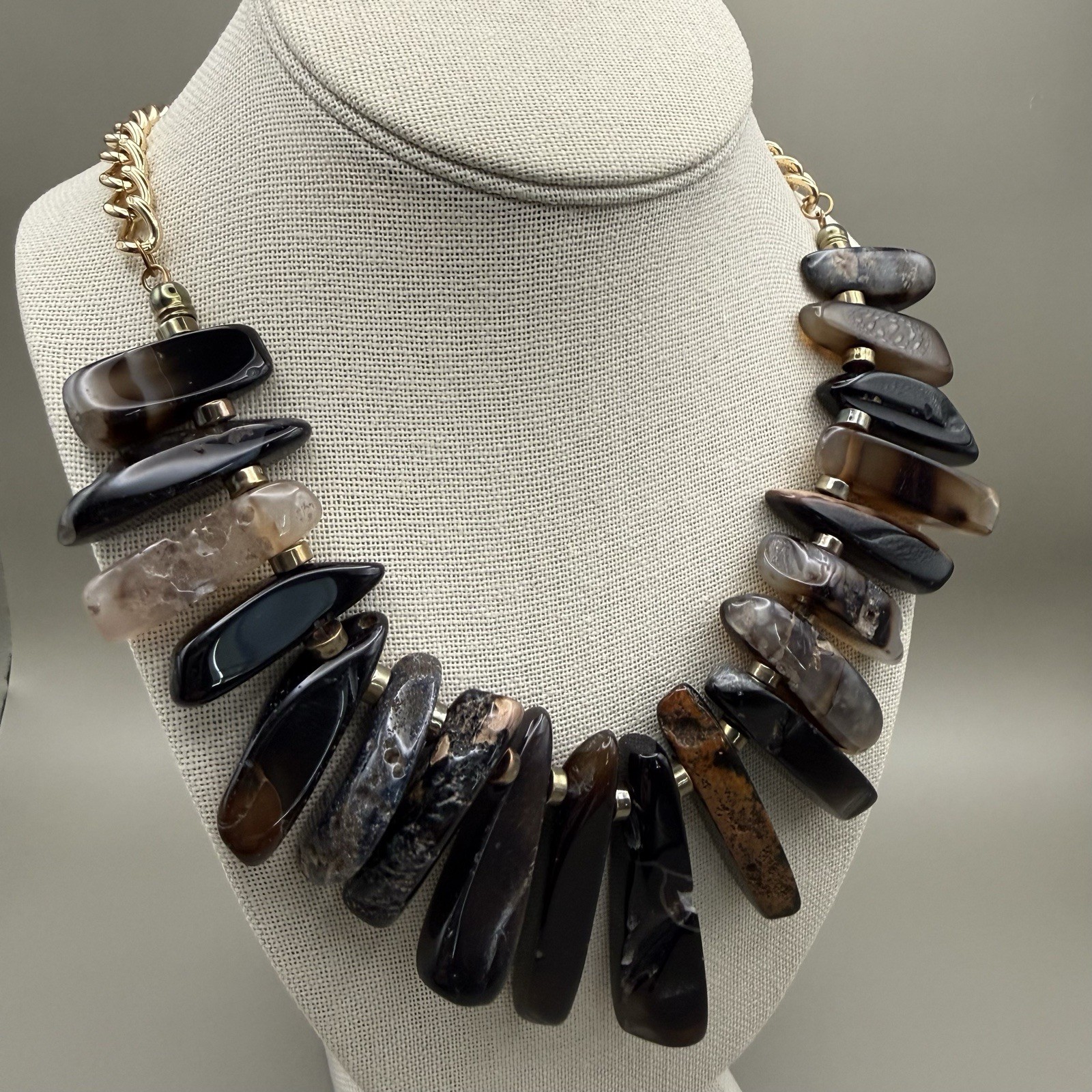 Stone Slice Collar Statement Bib Necklace Brown Black Grey 22″ Artisanal Earthy