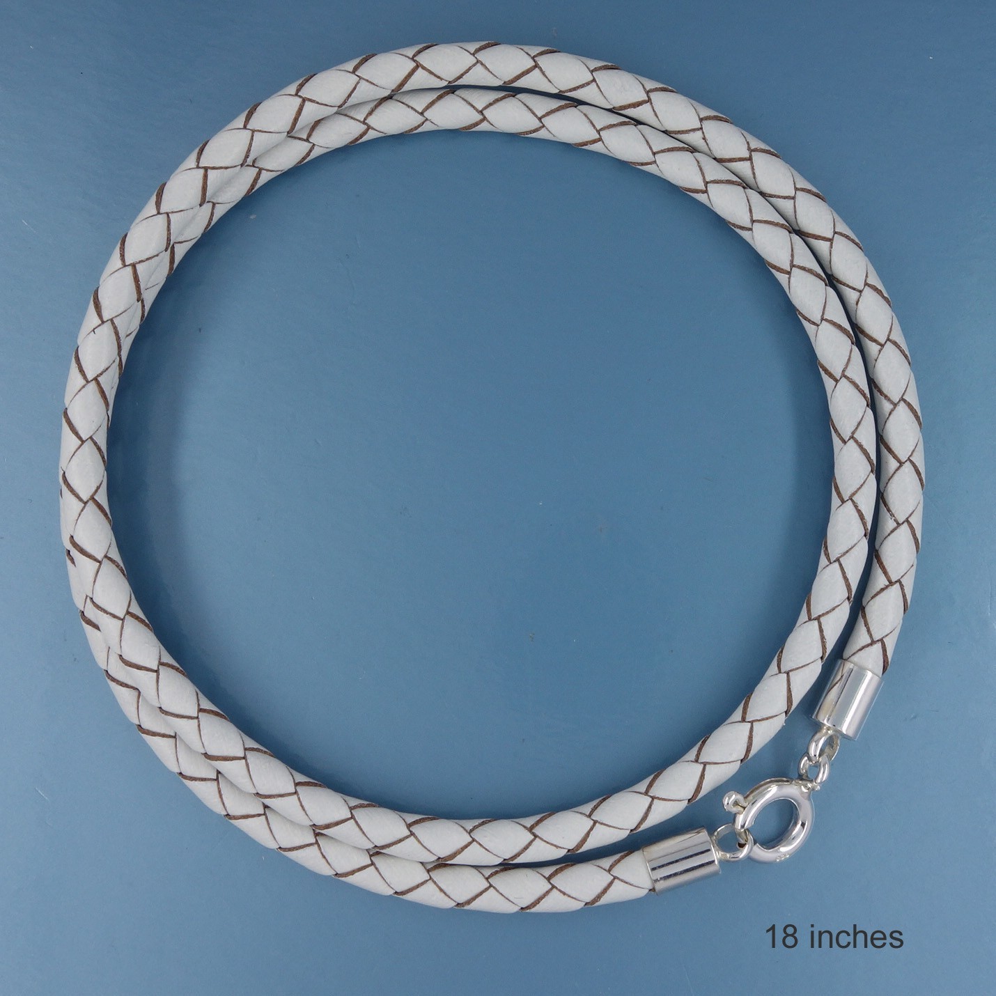 18″ Sterling Silver 4mm Round White Genuine Braided Leather Cord Necklace