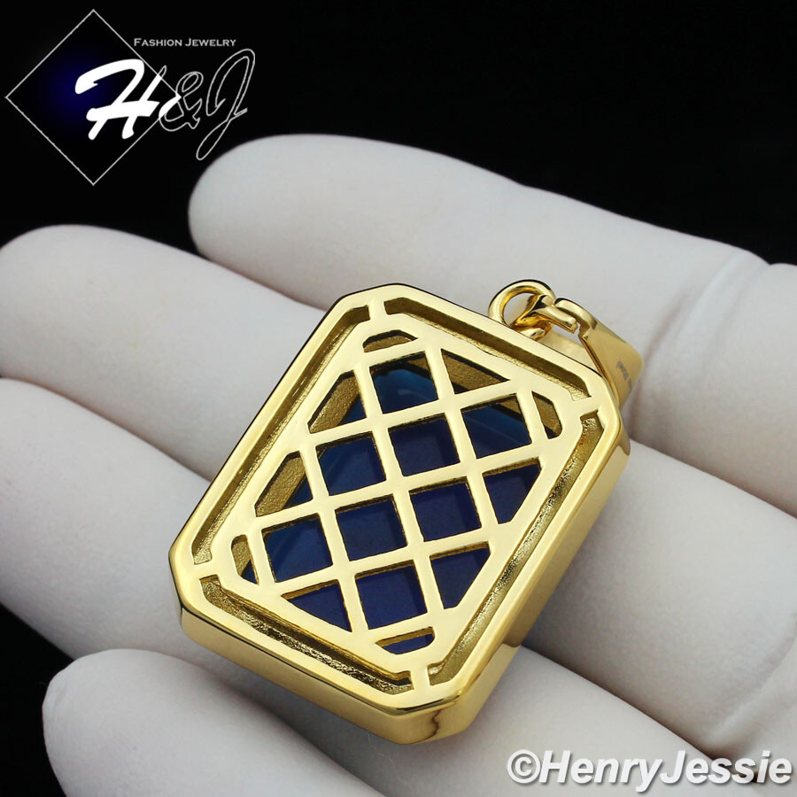 MEN’s Stainless Steel Blue Rhinestone Gold Plated Cham Pendant*GP103