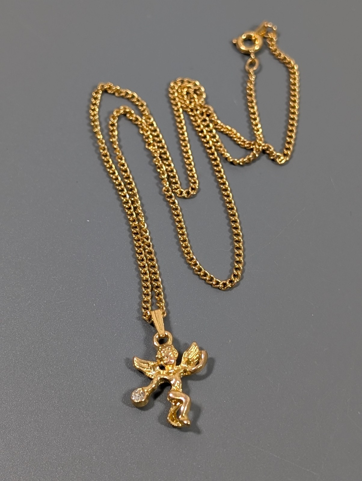 Vintage Gold Tone Bowling Angel Clear Rhinestone Birthstone Necklace 18 in