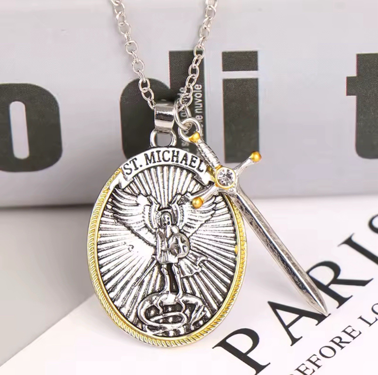 St Michael Archangel Pendant Necklace Stainless Steel Shield Lord’s Prayer 18″