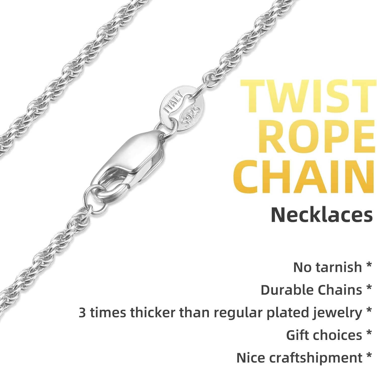 Elegant 925 Sterling Silver Twist Rope Chain Necklace – 18k Gold Plated, 16 Inch