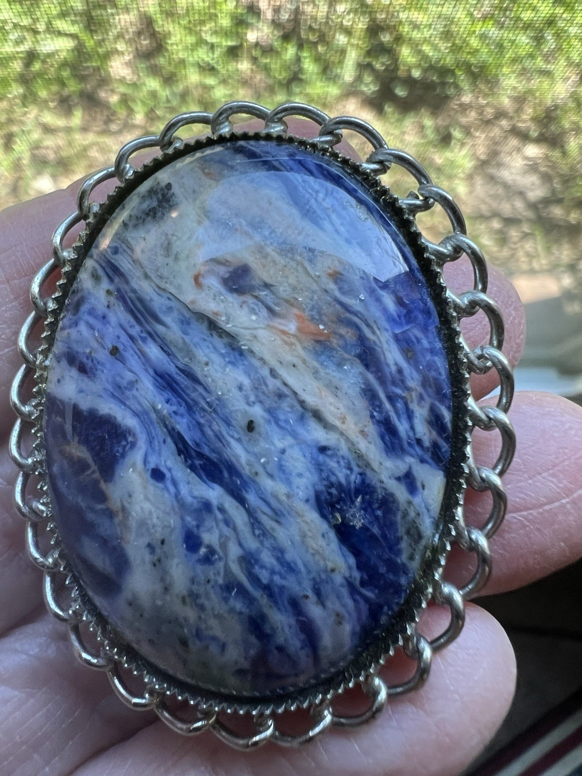 Authentic Vintage Pendant Bolo Tie Semiprecious Gemstone Swirly Blues