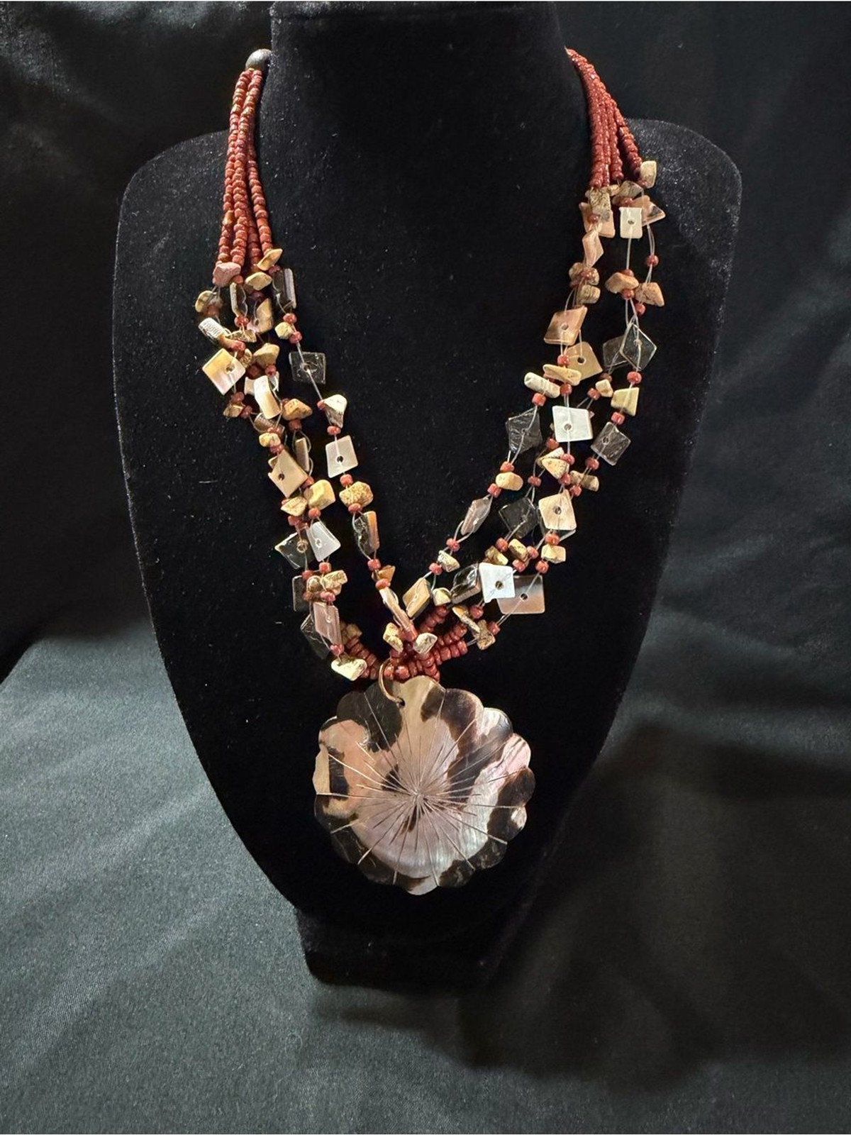 Source Unknown Multistrand Brown and Tan Bead Necklace with Floral Pendant