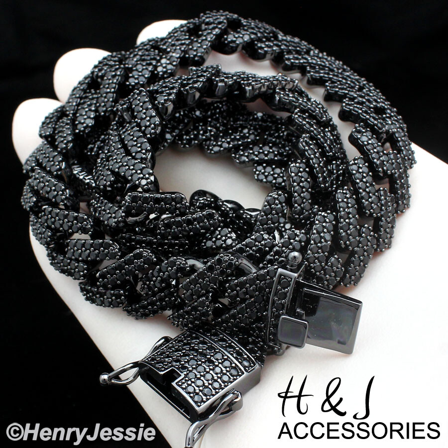 18-24″MEN 14K BLACK GOLD PLATED ICY BLING CZ 14MM MIAMI CUBAN CURB NECKLACE*BBN6