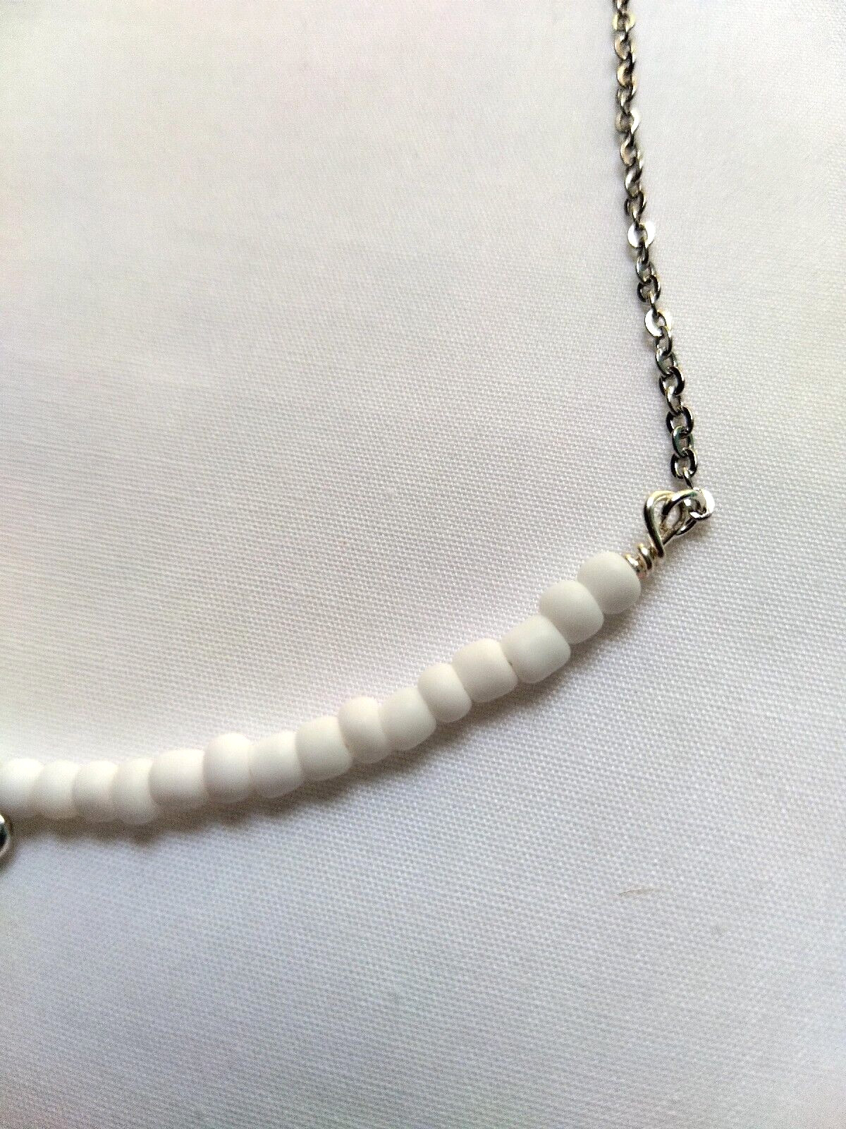 Silver Tone Mermaid Charm White Glass Bead Necklace Handmade Beach Boho Chic