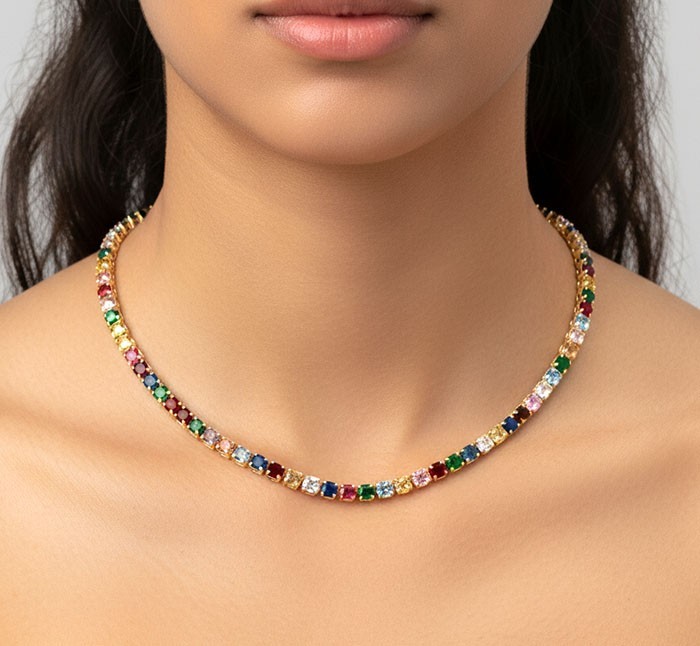 LAB CREATED MULTISTONES NECKLACE 14K YELLOW GOLD PLATED – New With Tag
