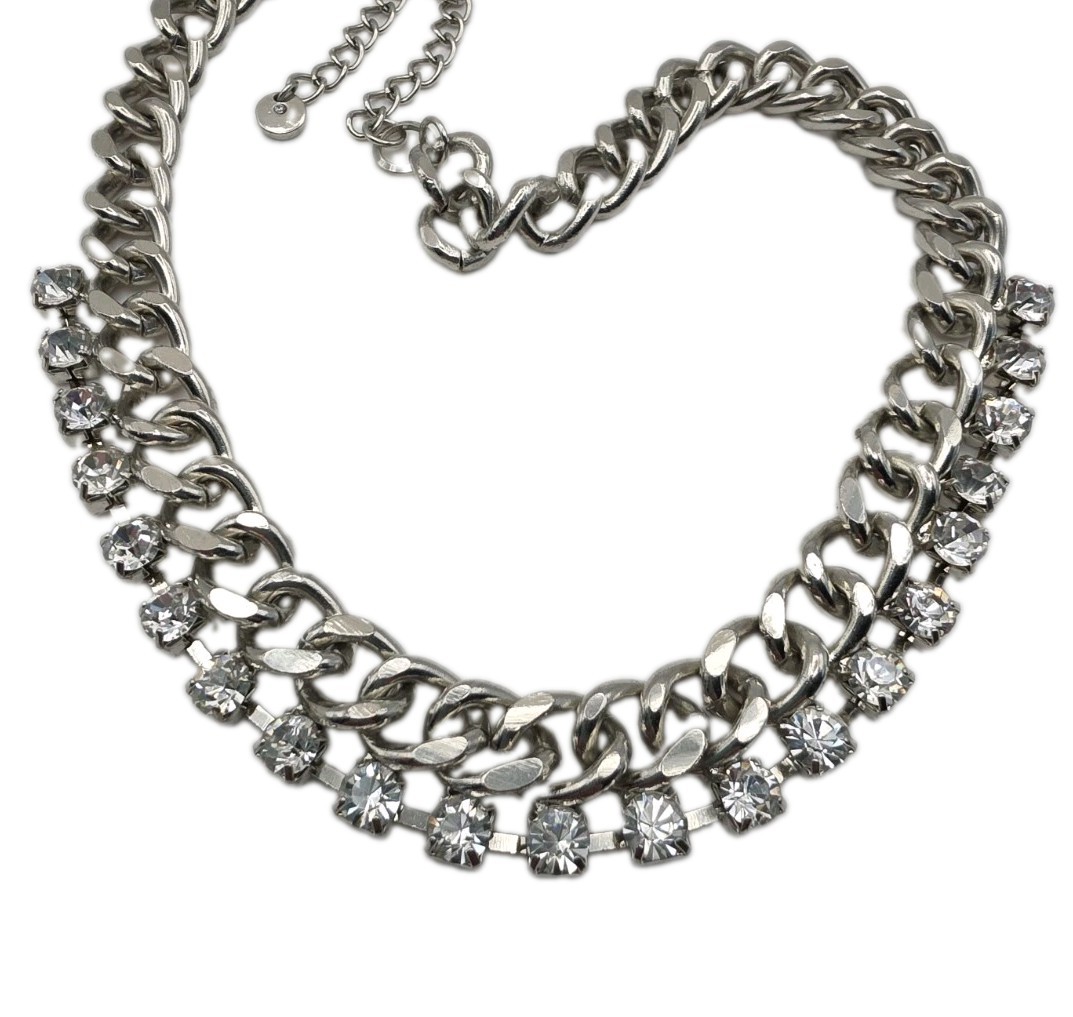 Versona Silver Tone Chunky Curb Chain Y2K Industrial Punk Rhinestone 20.5″