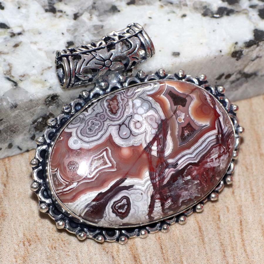 925 Silver Plated Huge Lake Superior Agate Pendant 1.5″ Everyday Glam Jewelry MJ