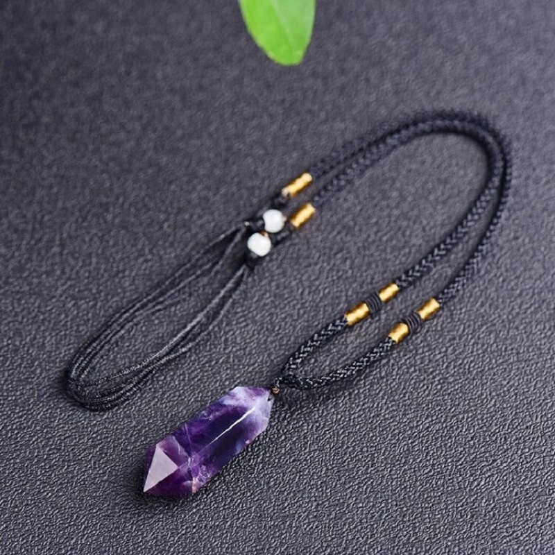Natural Amethyst Crystal Hexagonal Point Pendant Healing Reiki Amulet Necklace