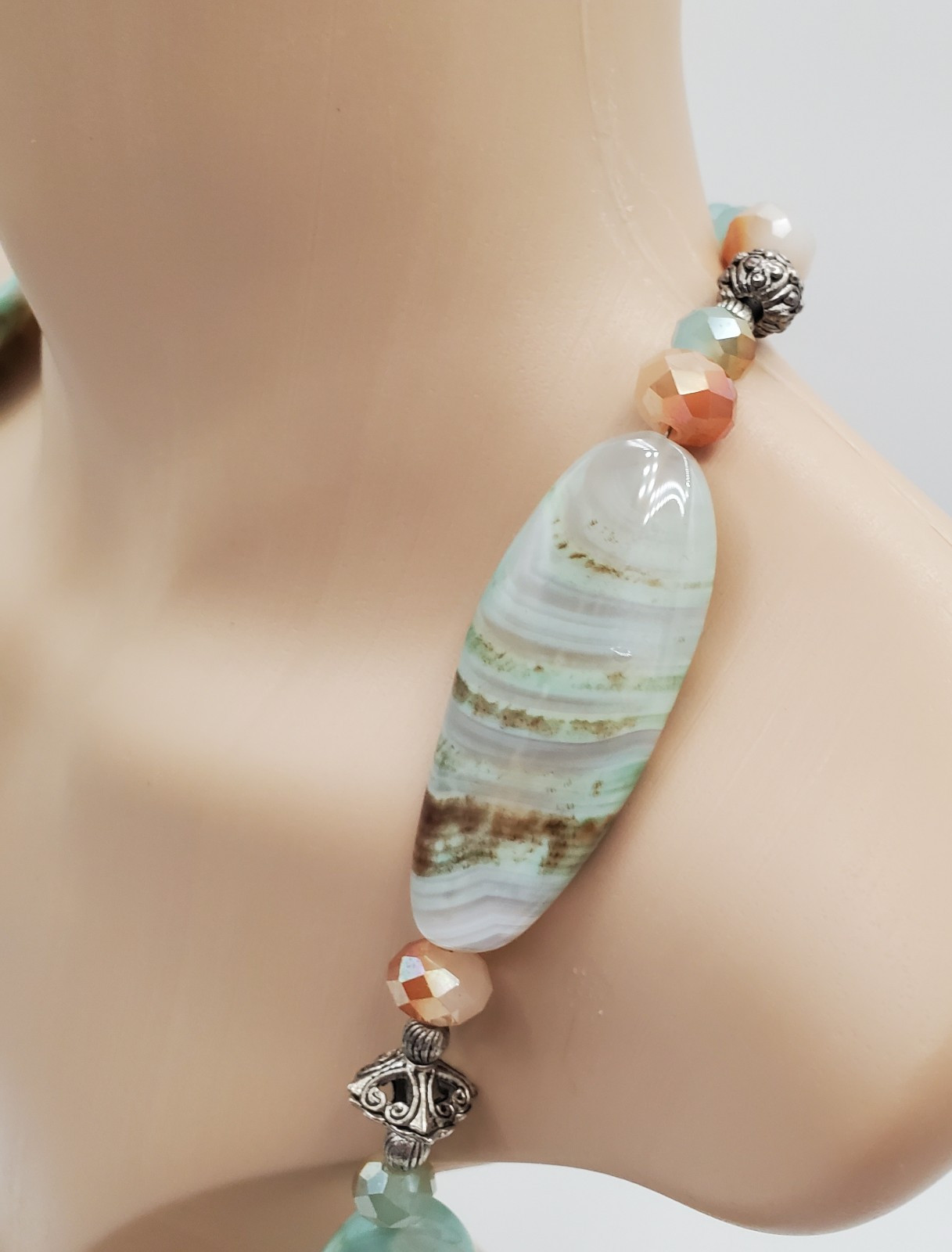 Banded Agate Stone Necklace 32in Peach Aqua Green Brown Polished Natural Beads