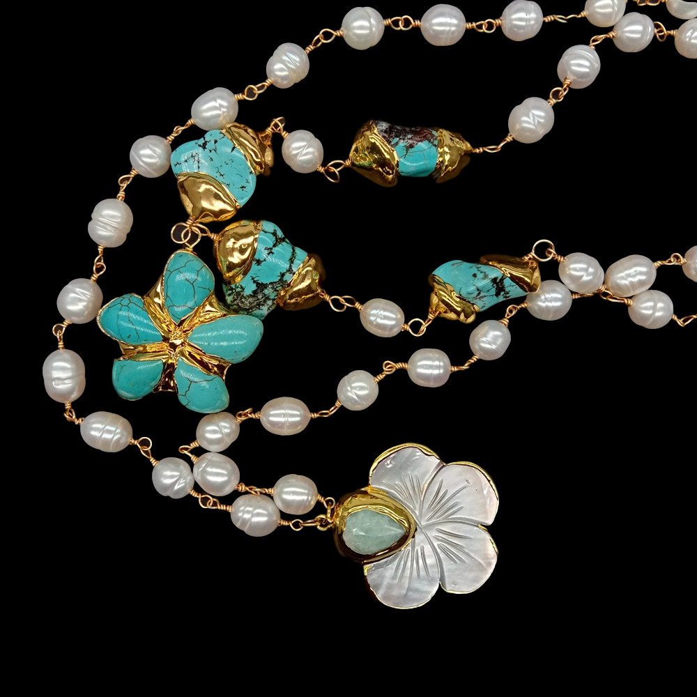 Cultured White Rice Pearl Blue Turquoise Necklace Shell Flower Pendant 19″