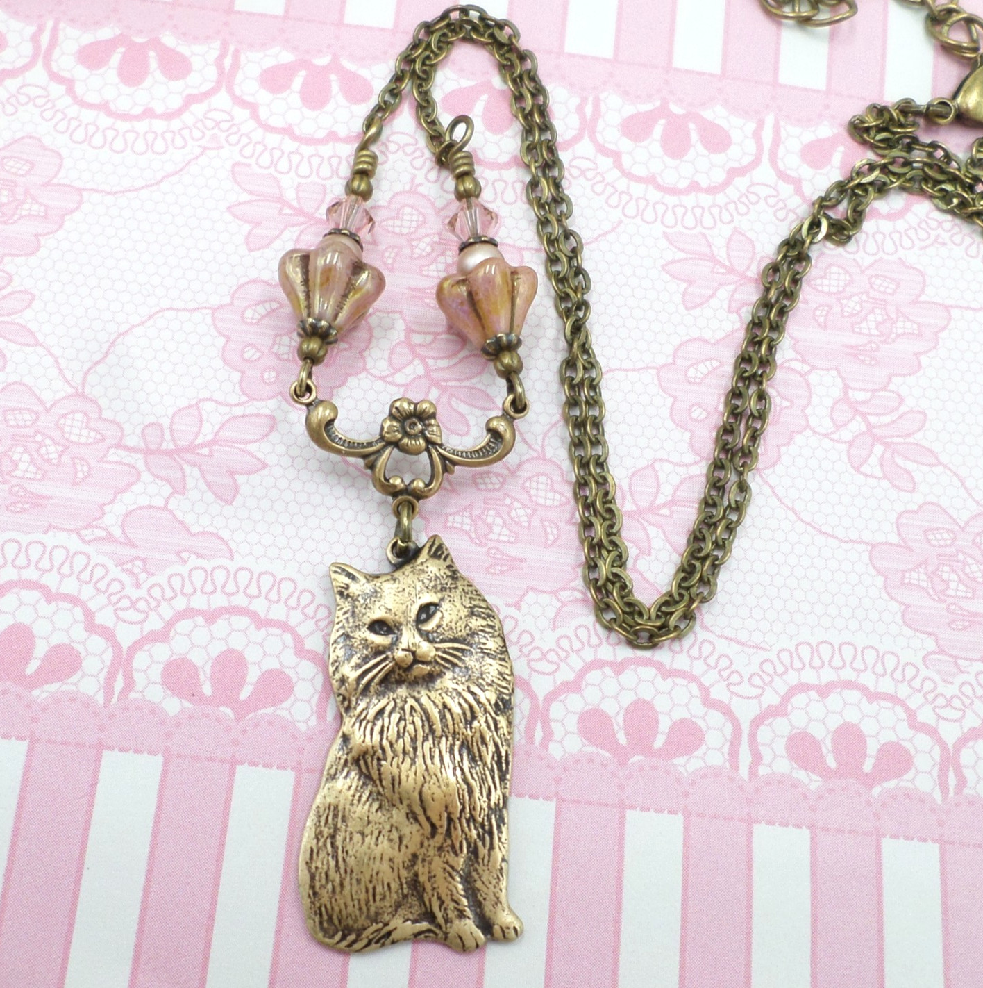 Vintage Style Cat Necklace with Pink Czech Glass Flowers, Antique Brass Handmade