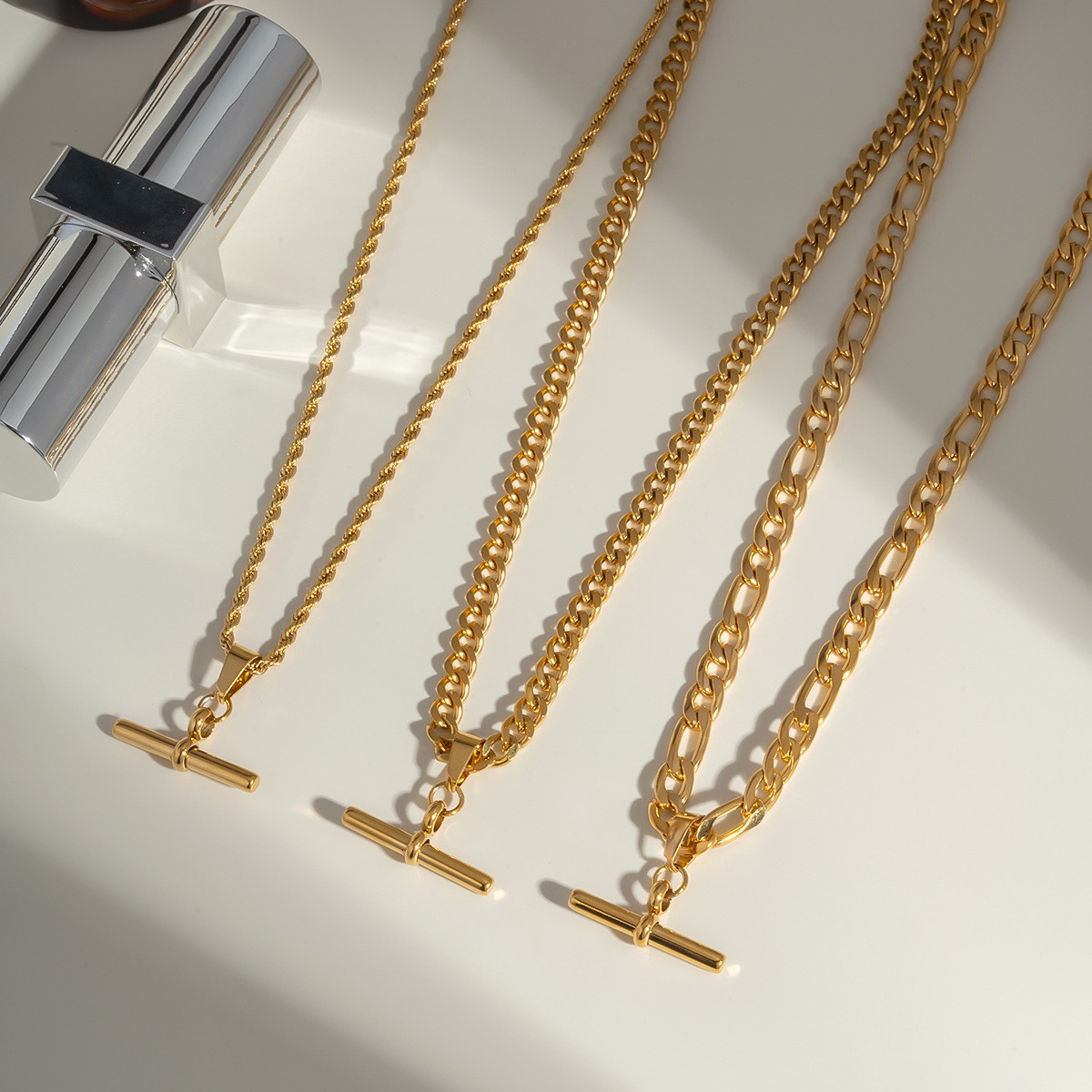 Hip Hop Punk Stainless Steel T-Bar Pendant Fried Dough Twists Chain Cuban Chain